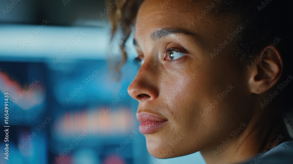 Poster closeup on a data analysts focused expression while explaining precision metrics displayed on a moni