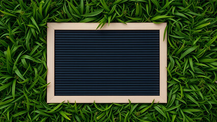 Empty black letter board template with a natural wood frame laying on a lush green grass texture background. Flat lay concept with copy space.