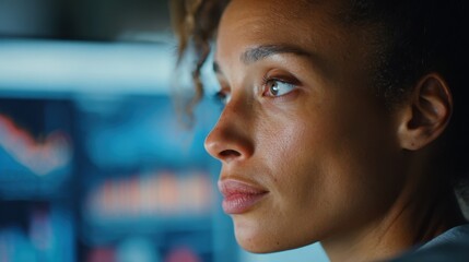 Closeup on a data analysts focused expression while explaining precision metrics displayed on a monitor executives and surroundings out of focus behind.