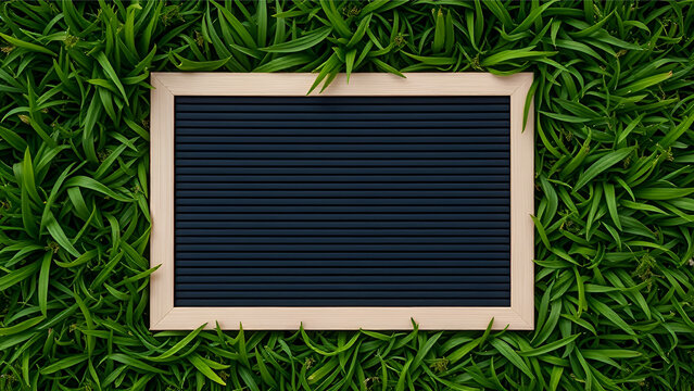 Empty black letter board template with a natural wood frame laying on a lush green grass texture background. Flat lay concept with copy space.