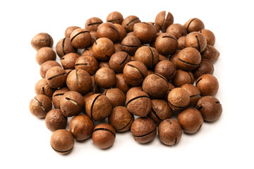 Macadamia nuts in a shell isolated on a white background.