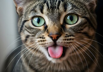 Funny close-up of a tabby cat with green eyes and tongue out.