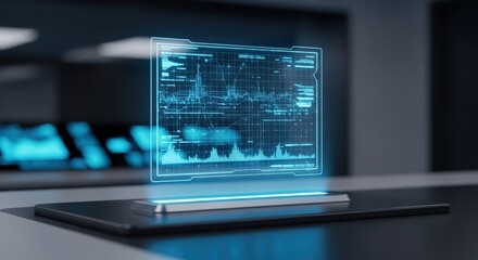 Futuristic holographic display with data charts and graphs