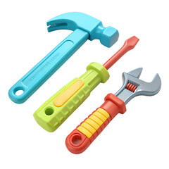 (Toy Tool Set) &mdash; Plastic toy tool set with hammer, wrench, screwdriver, isolated PN