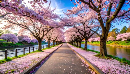 Naklejka premium Cherry blossom trees line a path alongside a river in Japan, creating a beautiful and serene spring scene with fallen petals covering the ground.