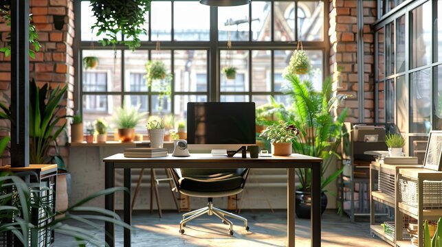 Stylish coworking space with a computer and green plants near a large window