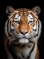 Fototapeta premium Majestic Bengal tiger portrait in studio setting looking directly at camera with intense gaze and striking stripes on orange fur