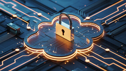 Cloud computing security concept with padlock on cloud and circuit background