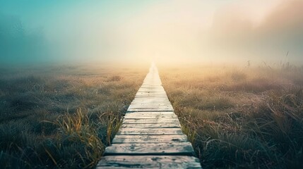 
A wooden path in a foggy field at dawn is a symbol of the path, journey, and new beginnings.