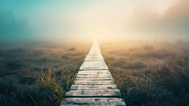 
A wooden path in a foggy field at dawn is a symbol of the path, journey, and new beginnings.