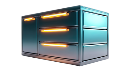 Futuristic, metallic cabinet with glowing accents