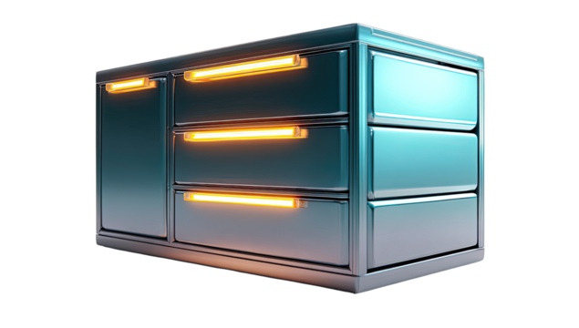 Futuristic, metallic cabinet with glowing accents