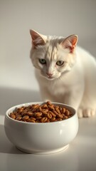A beautiful white cat, captured in a candid moment, thoughtfully gazes at its bowl of crunchy dry food, showcasing daily pet nutrition.