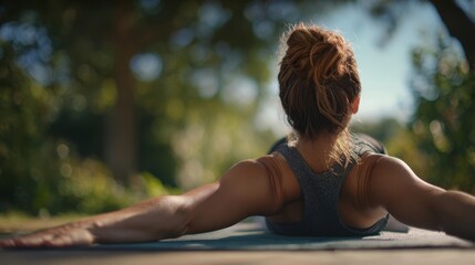 On a yoga mat, a fitness enthusiast practicing the cobra pose is enhancing flexibility and strength, surrounded by a serene natural backdrop of lush greenery and gentle sunlight