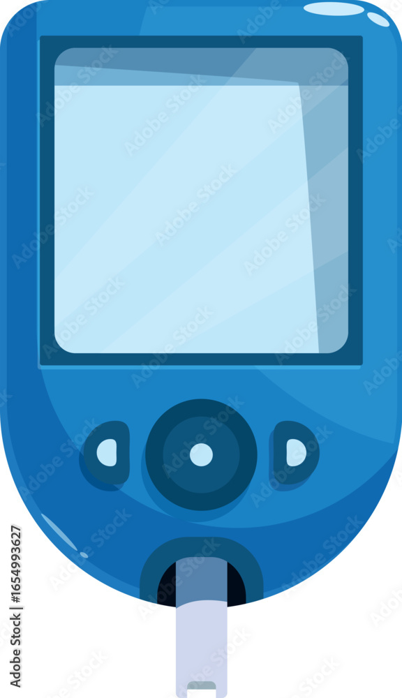 Poster blue glucometer with empty display and test strip inserted, aiding in blood glucose monitoring and d