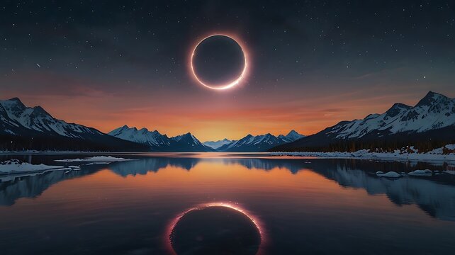 annular solar eclipse over mountain lake with glowing ring and twilight sky reflection