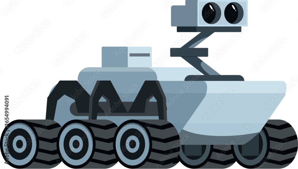 Poster futuristic rover traversing alien landscape, gathering data with its sophisticated instruments for s