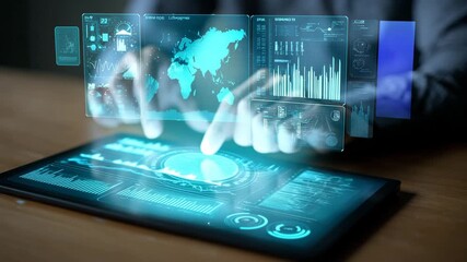 Person using digital tablet with futuristic holographic business data interface - Powered by Adobe