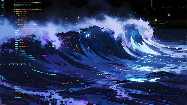 Surreal holographic ocean of data waves made of Python and JavaScript code, glitching crests, pixelated mist, chromatic aberration, deep blue and violet with gold highlights, 12K premium render