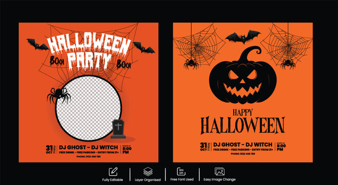 Halloween Night Party Social Media Post Templates – Editable Banner and Square Ads with Pumpkin, Bat, Spiderweb Illustration Background and Photo Space