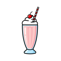 Illustration of a pink milkshake in a glass with whipped cream cherry and a striped straw on white