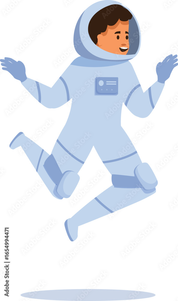 Poster joyful astronaut floating in zero gravity, expressing excitement and accomplishment after completing