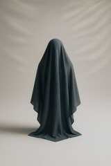 Naklejka premium Mysterious Enshroudment: An enigmatic figure draped in a flowing, deep teal cloth, cloaked and unseen, creates an atmosphere of intrigue.