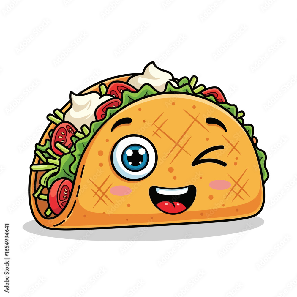 Poster cartoon taco character with a wink face expression filled with lettuce tomatoes and sour cream toppi