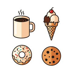 Illustration of coffee mug, ice cream cone, donut, and cookie arranged on a white background