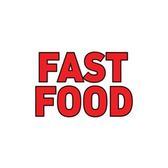A vibrant red fast food sign with bold black outlines against a stark white background display message
