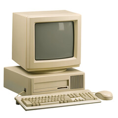 Beige vintage computer system with crt monitor and mouse isolated on a transparent background