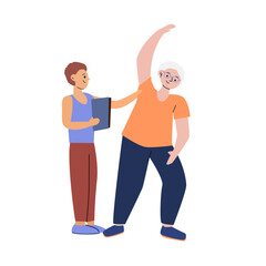 Overweight elderly Caucasian woman exercising with young personal trainer in senior fitness session, active aging workout, healthy lifestyle training, balance and mobility improvement exercises.