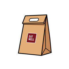 A cartoon illustration of a brown paper takeout bag with an eat well label on a white background