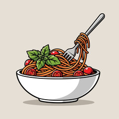 A cartoon illustration of spaghetti with tomatoes and basil in a white bowl with a fork holding noodles
