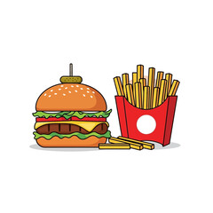 Cartoon illustration of a burger with lettuce, cheese, tomato and fries in a red container