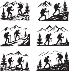 Silhouette hikers with backpacks and trekking poles climbing mountains Keywords: hiking, trekking