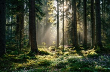 Naklejka premium Sunbeams pierce a dense forest floor
