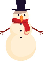 Snowman with carrot nose, coal eyes, and stick arms wearing a top hat and red scarf is enjoying winter