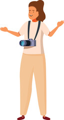 Photographer with camera gesturing with open arms, showcasing passion for photography and visual storytelling