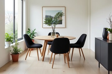 Modern dining room with round wooden table and black chairs in natural light