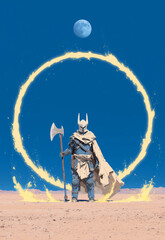 A powerful warrior stands confidently with an axe, surrounded by a glowing elemental circle under a...