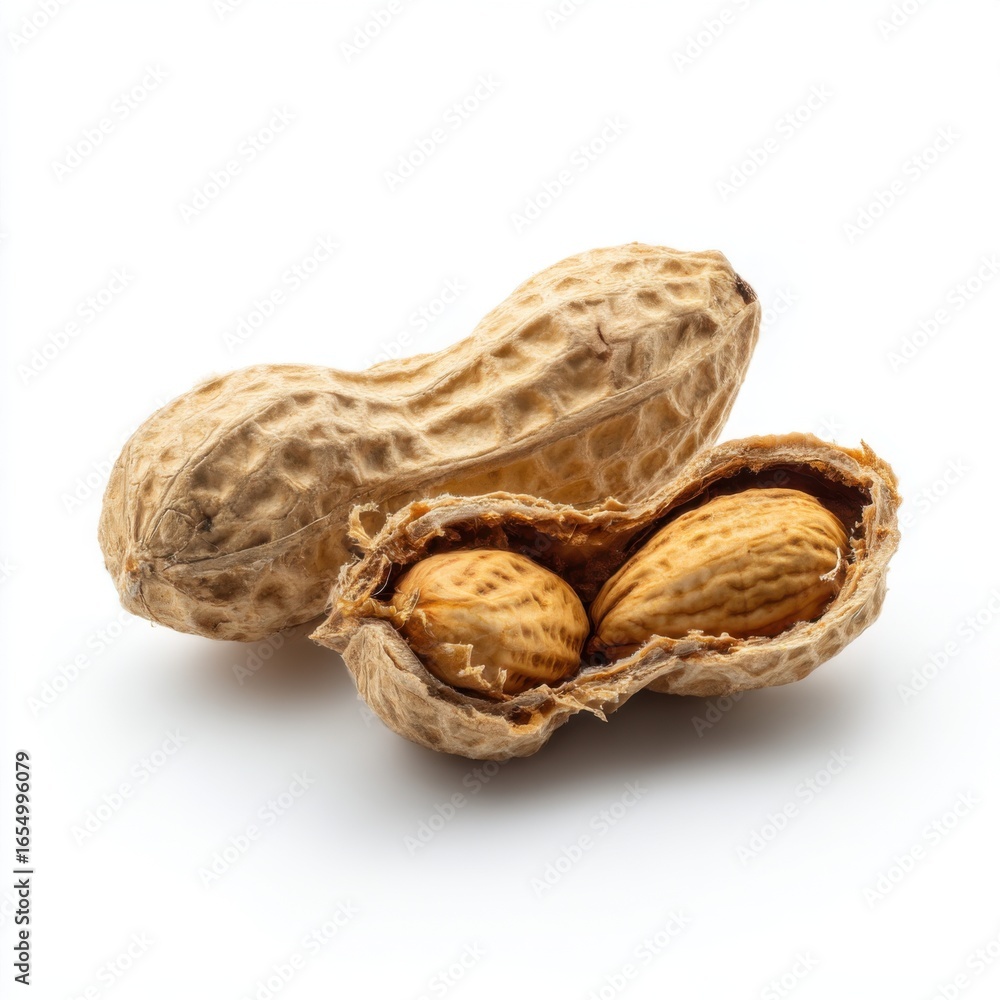 Poster close-up of whole and cracked peanuts on white background studio shot showing texture and detail of 