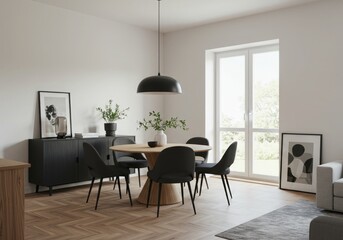 Fototapeta premium Modern dining room with round wooden table and black chairs in natural light