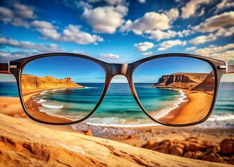 Pair Of Glasses Showing Ocean On One Lens And Desert On Other