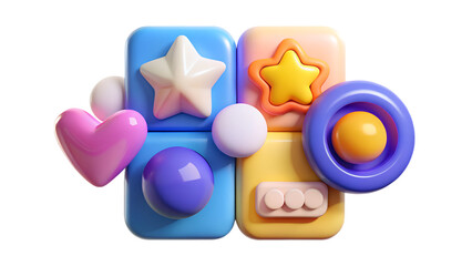 A collection of colorful 3d rendered toys and shapes, including stars, hearts, circles, and blocks, isolated on a transparent background, representing childhood and play