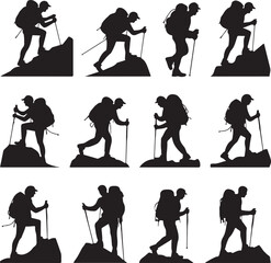 Twelve Silhouette Illustrations of Hikers with Backpacks and Poles on Rocky Mountain Peaks hiking