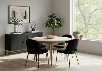 Modern dining room with round wooden table and black chairs in natural light