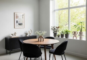 Modern dining room with round wooden table and black chairs in natural light