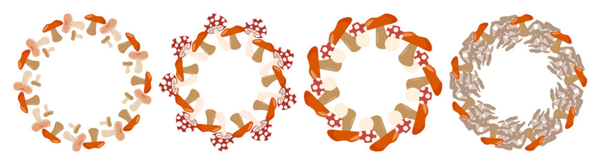 A collection of various mushrooms arranged in a circular pattern. The mushrooms display different colors and shapes, showcasing their natural diversity