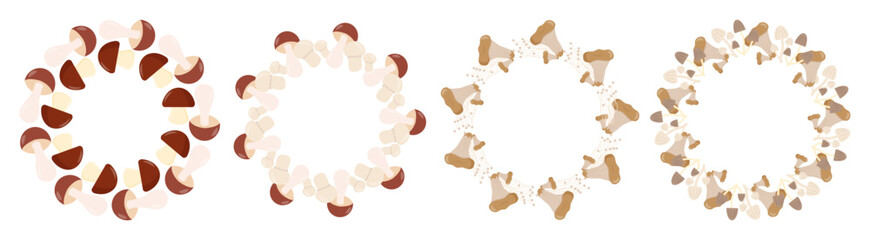 A collection of various mushrooms arranged in a circular pattern. The mushrooms display different colors and shapes, showcasing their natural diversity